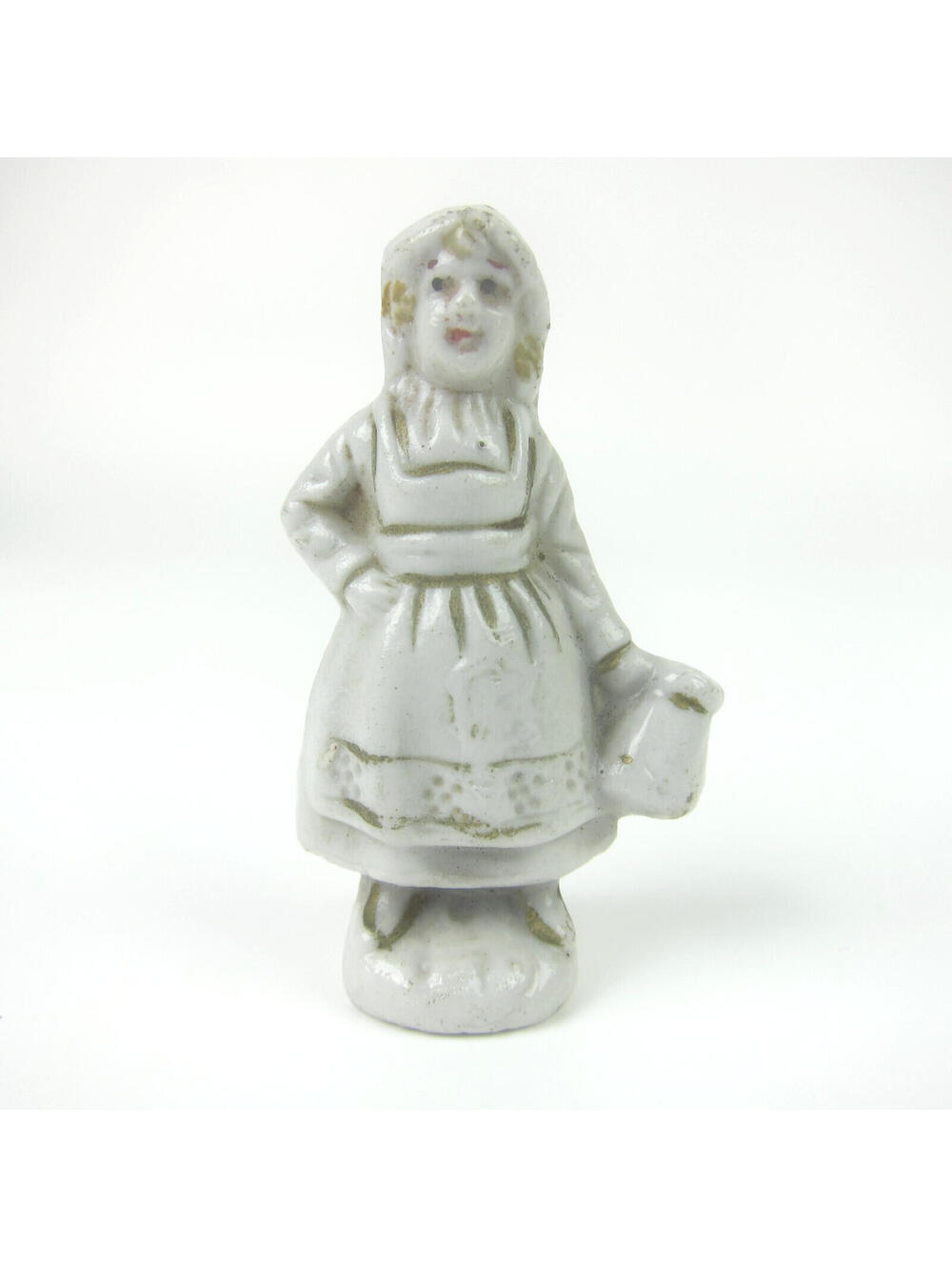 Vintage Glazed Porcelain Milkmaid Figurine 2.5"  Young Lady Holds Milk Jug Japan